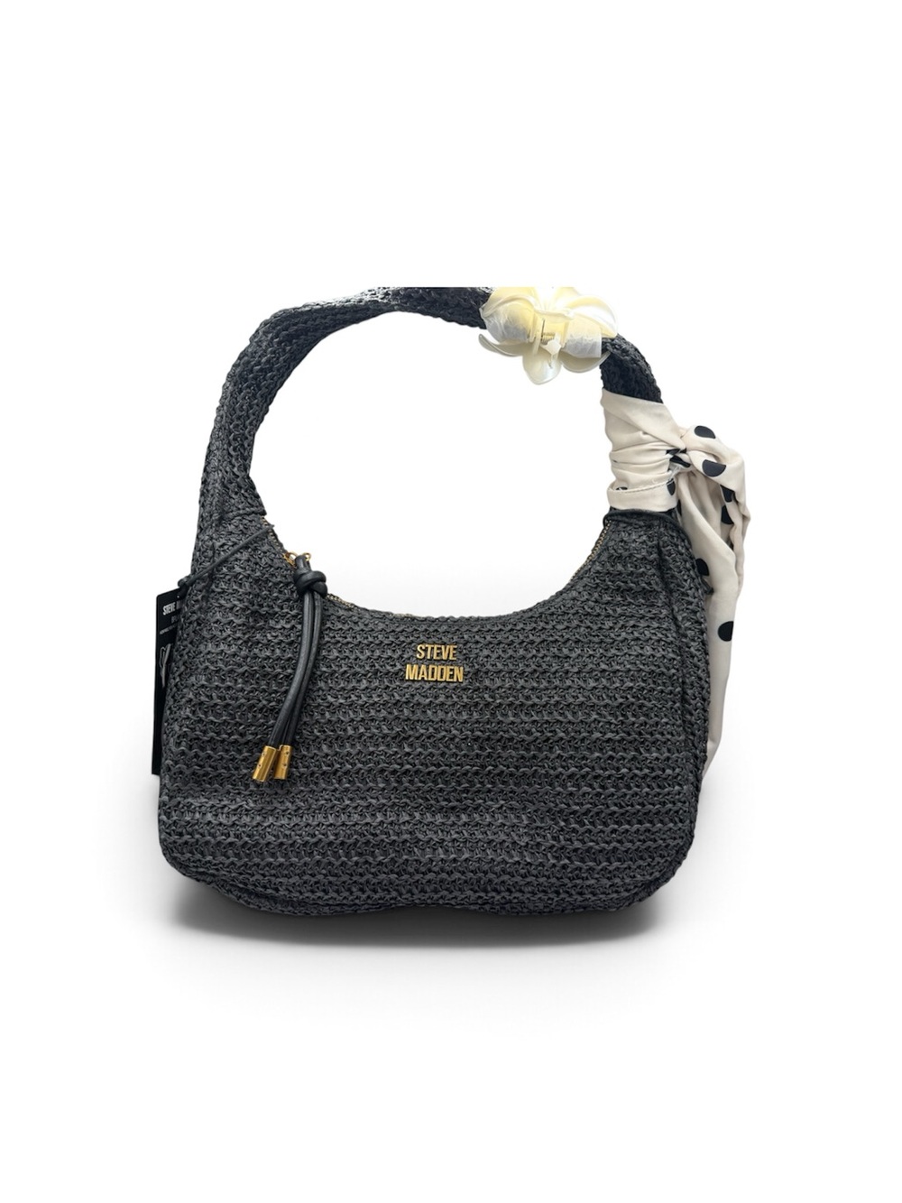 Steve Madden Charcoal Woven Shoulder Bag with Polka Dot Scarf